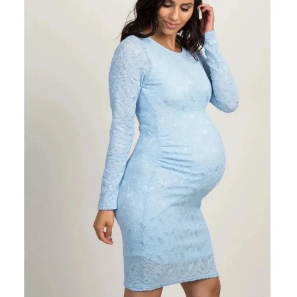 PinkBlush Light Blue Lace Fitted Maternity dress